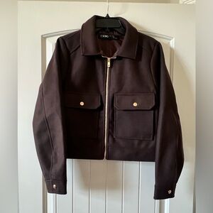 Women’s Large Chocolate Brown Cropped Soft Zippered Jacket Textured Gold Detail